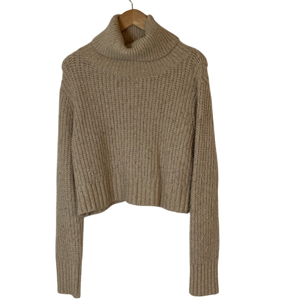 POL Womens Cozy Tan Turtleneck Ribbed Sweater Size‎ Large Short Boxy Neutral